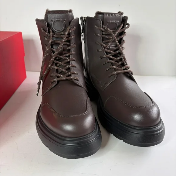 Ferragamo Men's Brown Leather CORALLO Boots With Fur Lining 8.5 NIB - Picture 1 of 8